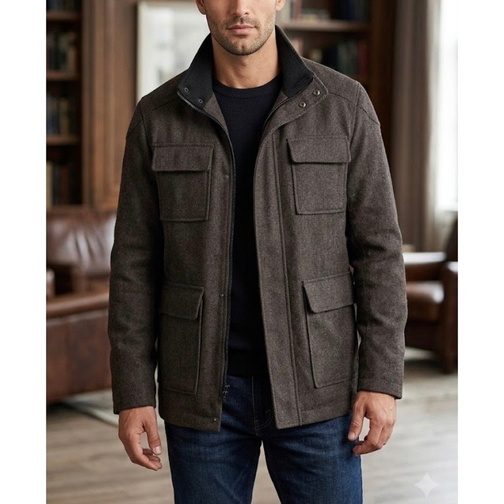 Apt. 9 Mens‎ Brown Herringbone Field Jacket Zip Snap Utility Coat Size Medium